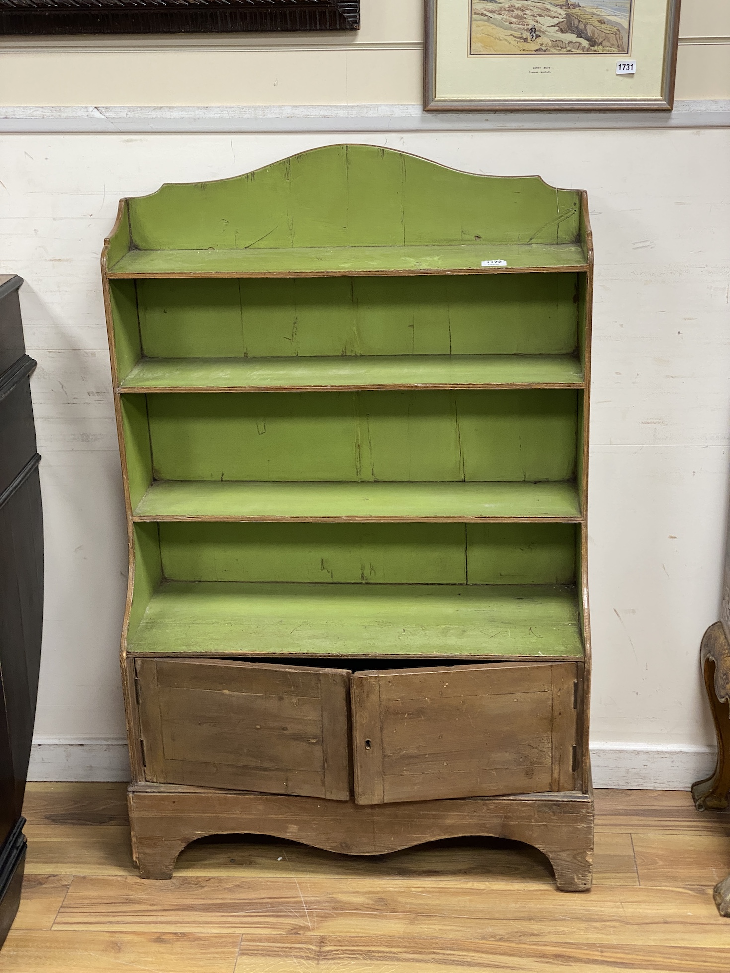 A pair of 19th century part painted pine open bookcases, width 81cm, depth 32cm, height 127cm